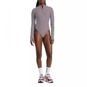 NWT Bandier Women’s Brio 1/4 zip long sleeve Houndstooth Bodysuit